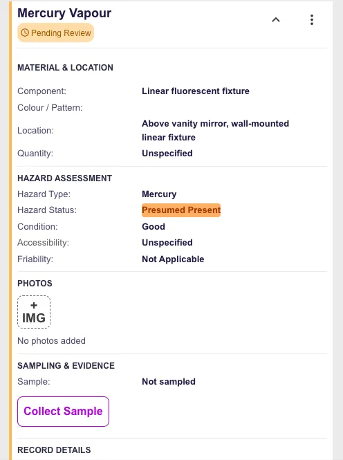 Towerforma material record for a mercury-containing light fixture pending review